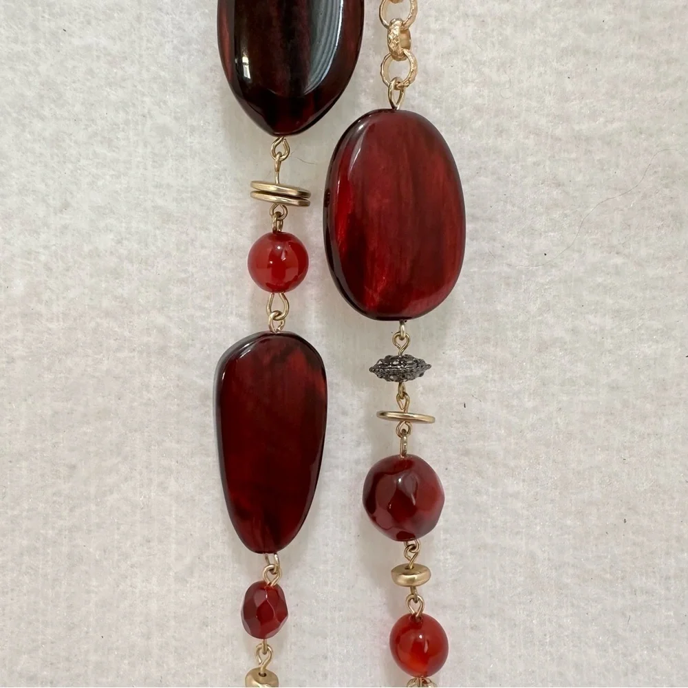 New Chicos gold tone long necklace with chunky ruby red beads, adjustable length